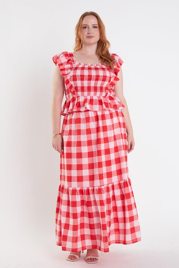 english factory Gingham Smocked Top PINK/RED