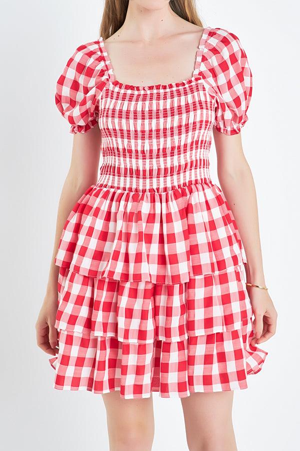 English Factory Gingham Square Neck Mini Dress RED
