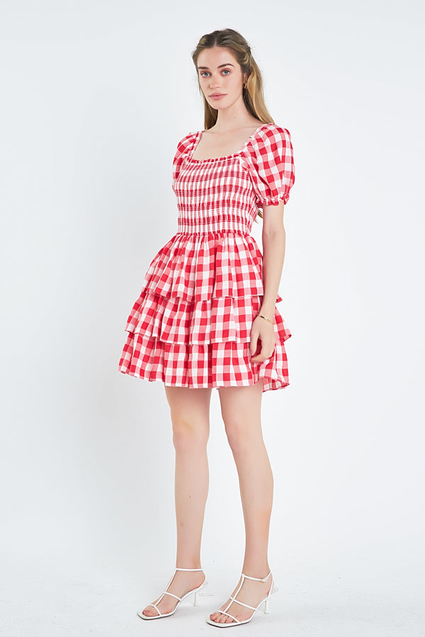 English Factory Gingham Square Neck Mini Dress RED