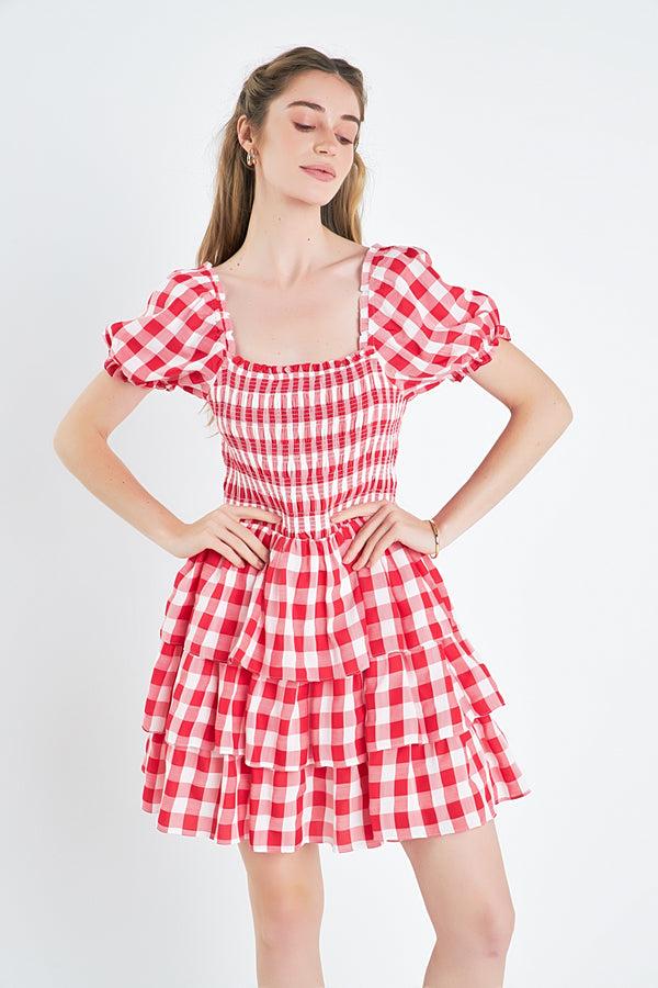 English Factory Gingham Square Neck Mini Dress RED