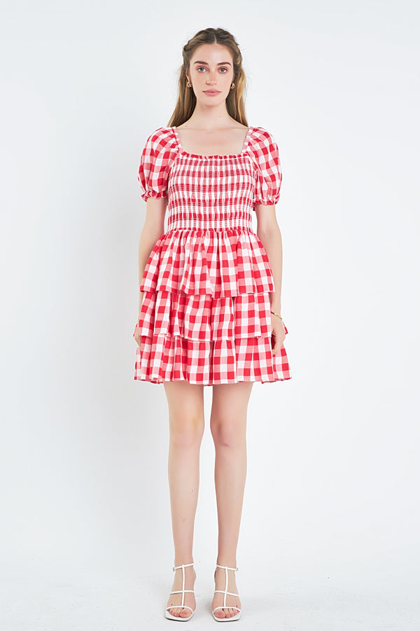 english factory Gingham Square Neck Mini Dress RED