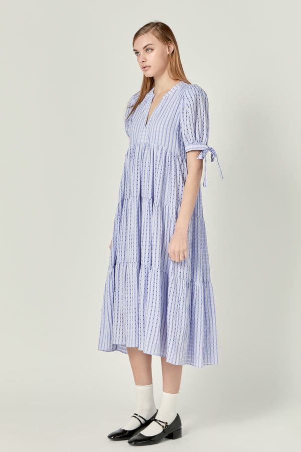 English Factory Gingham Tiered Midi Dress LAVENDER