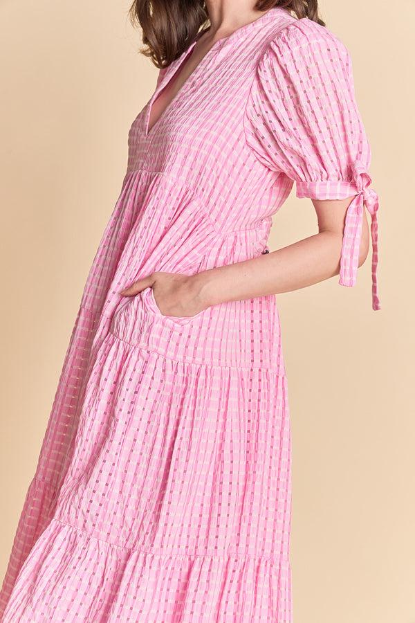 English Factory Gingham Tiered Midi Dress PINK