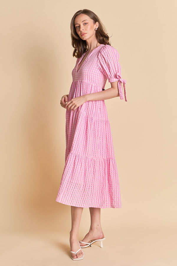 English Factory Gingham Tiered Midi Dress PINK