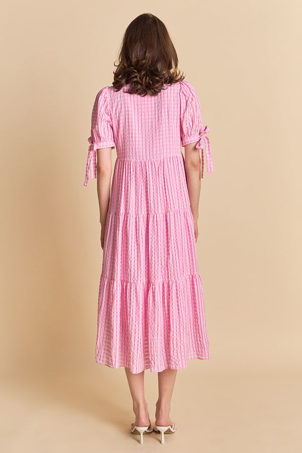 English Factory Gingham Tiered Midi Dress PINK