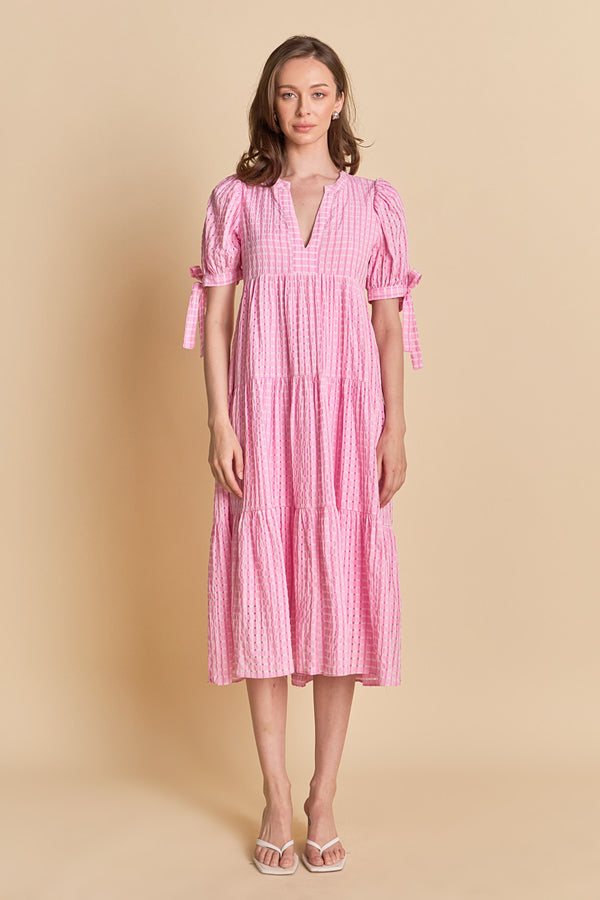 english factory Gingham Tiered Midi Dress PINK