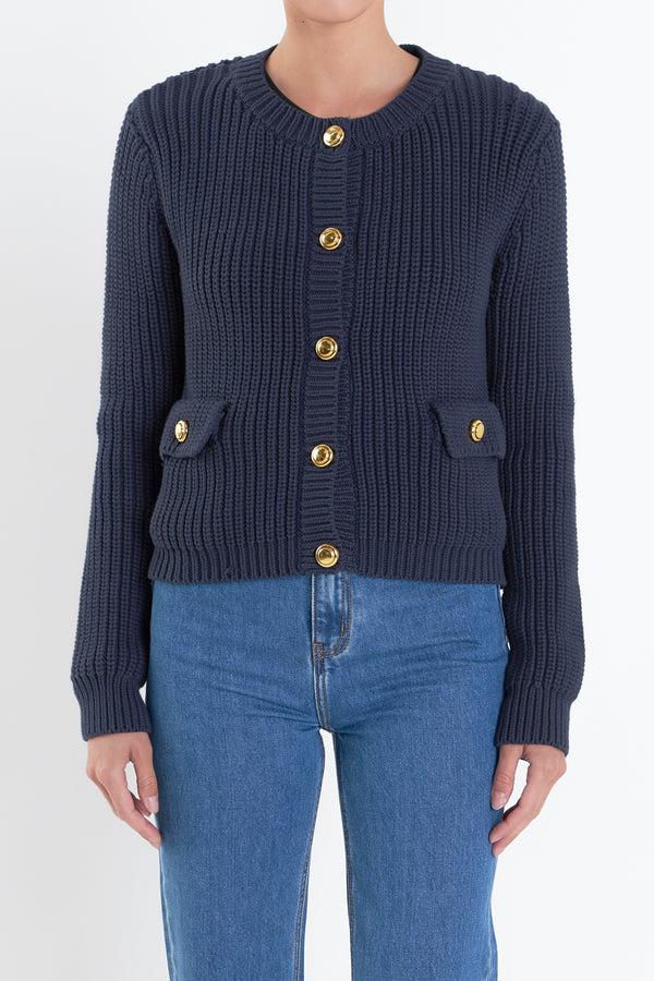 English Factory Gold Button Pointed Cardigan NAVY