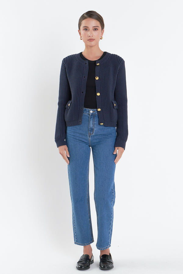 English Factory Gold Button Pointed Cardigan NAVY