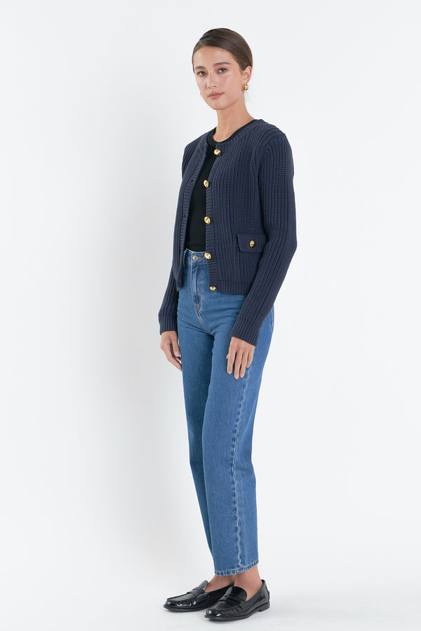 English Factory Gold Button Pointed Cardigan NAVY