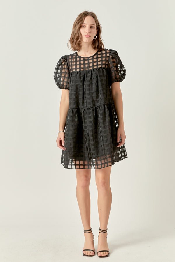 english factory Gridded Organza Mini Dress BLACK