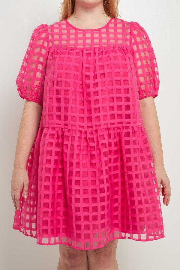English Factory Gridded Puff Sleeve Dress FUCHSIA