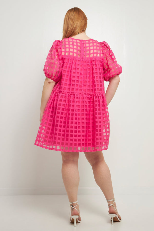 English Factory Gridded Puff Sleeve Dress FUCHSIA