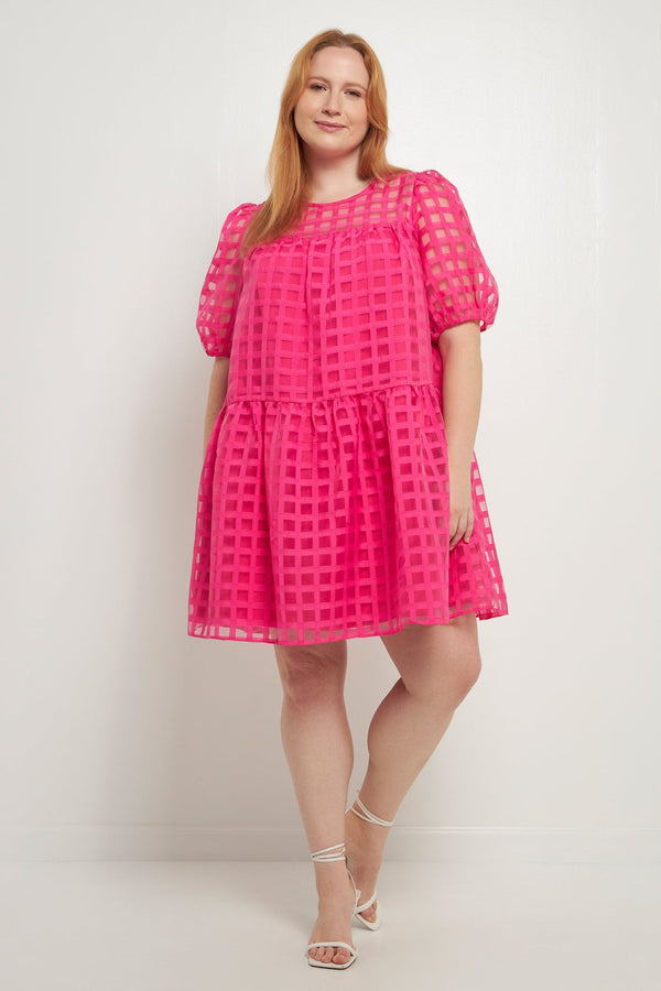 english factory Gridded Puff Sleeve Dress FUCHSIA