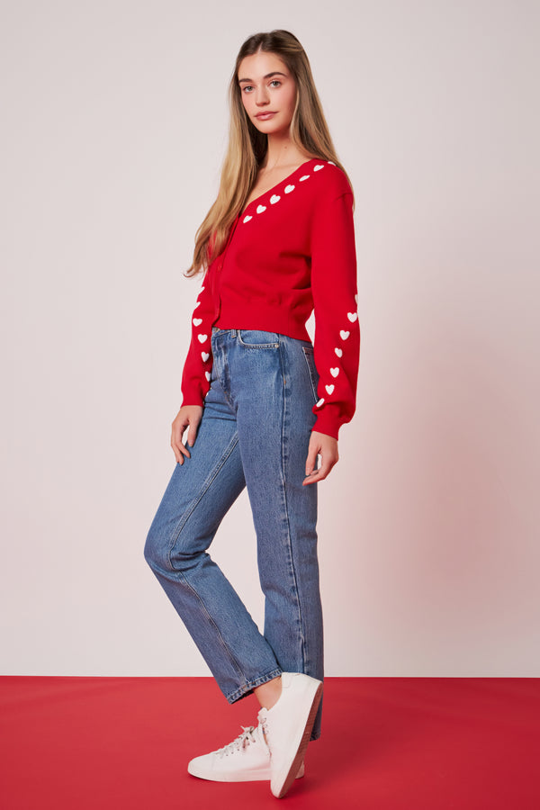 English Factory Heart Contrast Knit Cardigan RED
