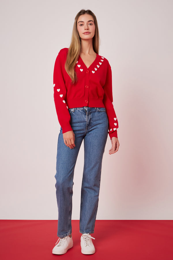 english factory Heart Contrast Knit Cardigan RED