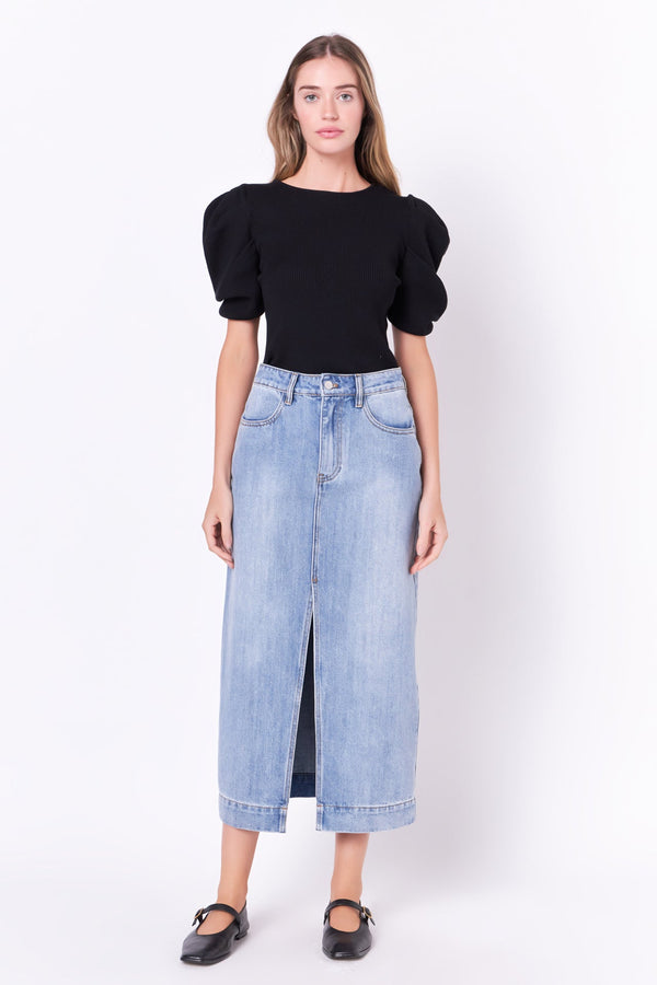 english factory High Waist Long Denim Skirt BLUE