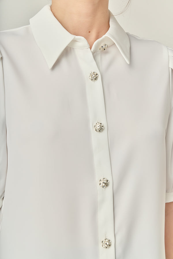 English Factory Jewel Button Puff Sleeve Top WHITE