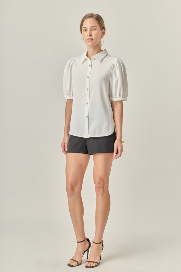 English Factory Jewel Button Puff Sleeve Top WHITE