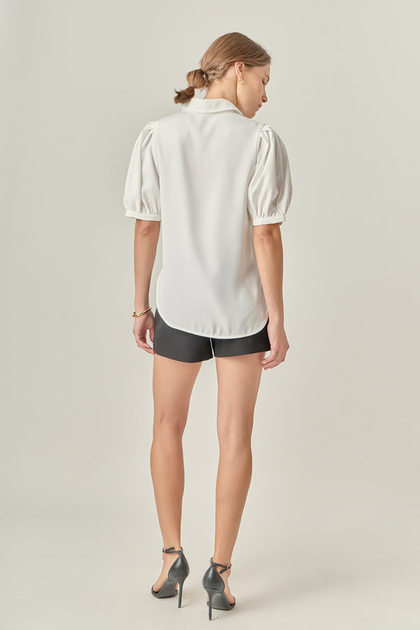 English Factory Jewel Button Puff Sleeve Top WHITE