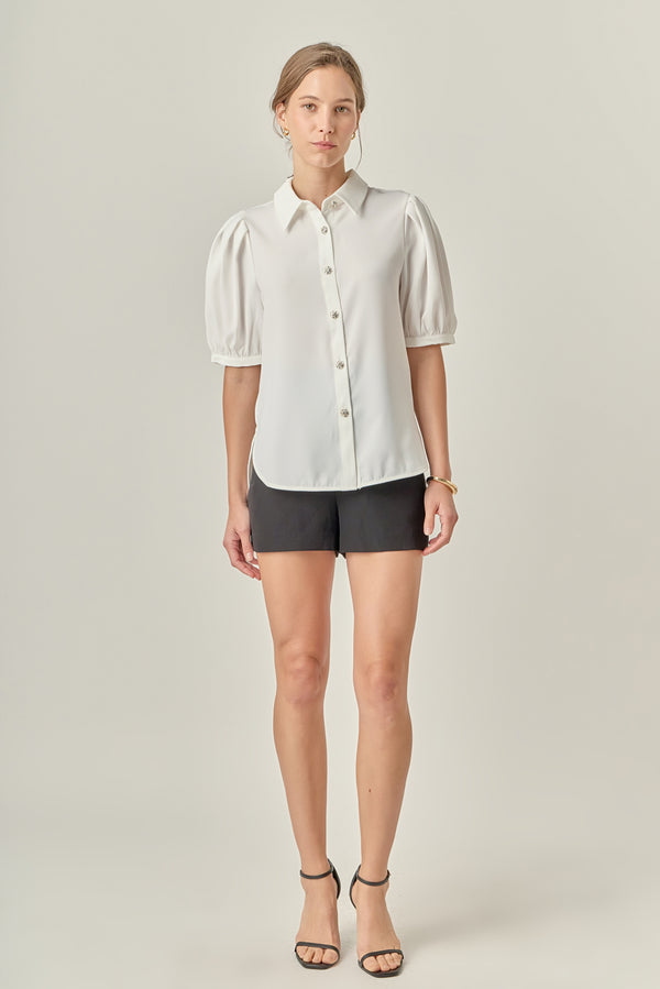 english factory Jewel Button Puff Sleeve Top WHITE