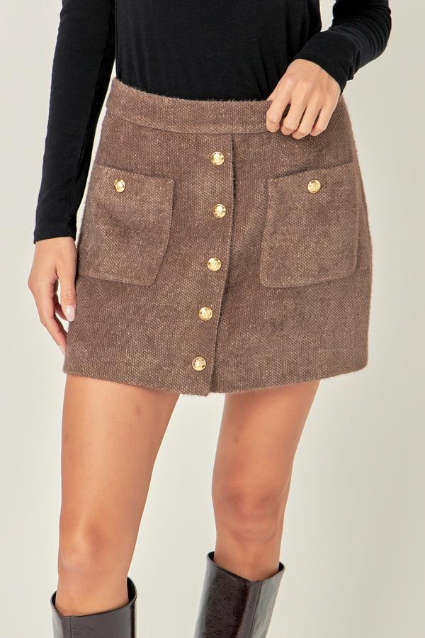 English Factory Knit Button-Front Mini Skirt BROWN