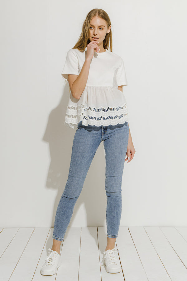 english factory Knit Eyelet Mixed T-Shirt WHITE