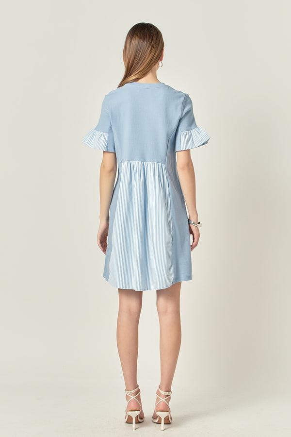 English Factory Knit Stripe Woven Mixed Dress BLUE
