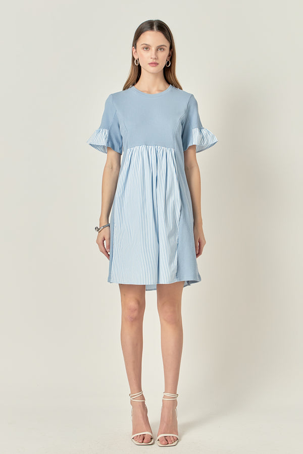 english factory Knit Stripe Woven Mixed Dress BLUE