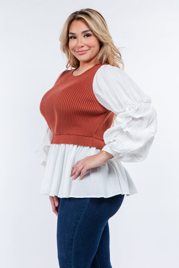 English Factory Knit Woven Combo Top BROWN COMBO