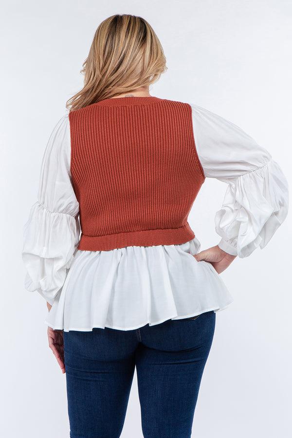 English Factory Knit Woven Combo Top BROWN COMBO