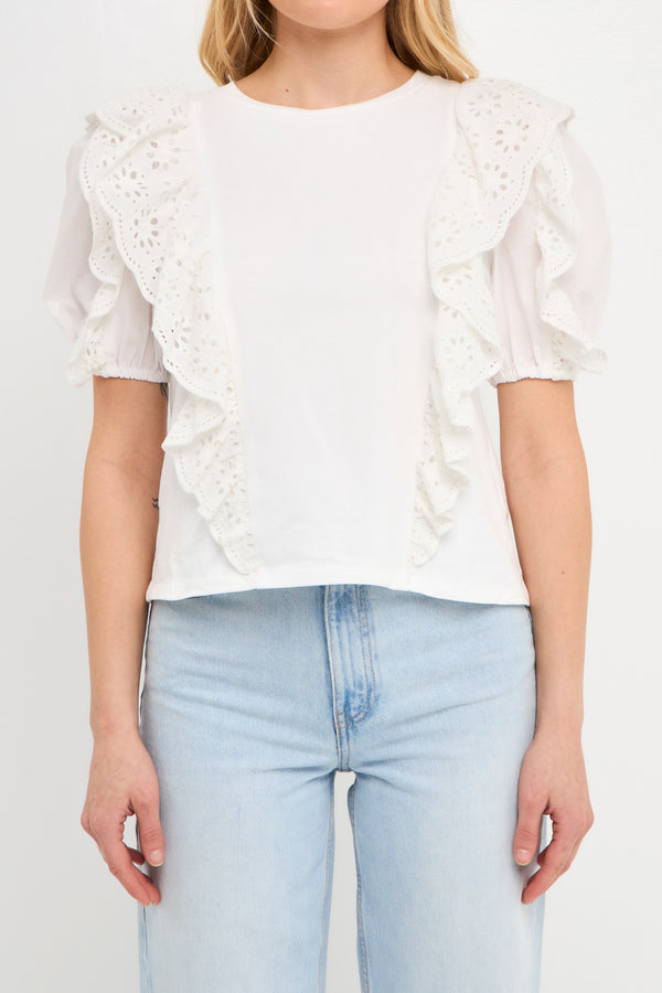 English Factory Lace Ruffle Detail Knit Top WHITE