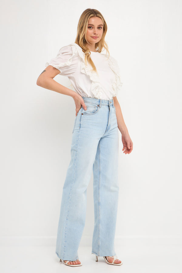 English Factory Lace Ruffle Detail Knit Top WHITE