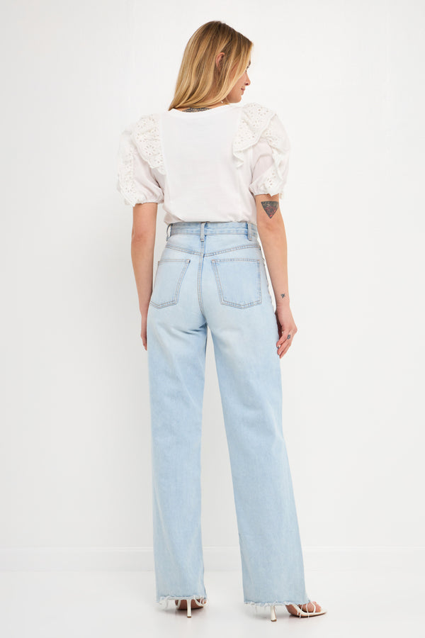 English Factory Lace Ruffle Detail Knit Top WHITE