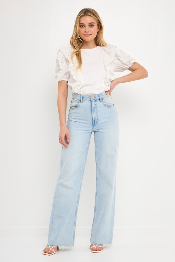 english factory Lace Ruffle Detail Knit Top WHITE