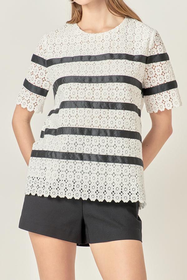 English Factory Lace Striped Top WHITE/BLACK