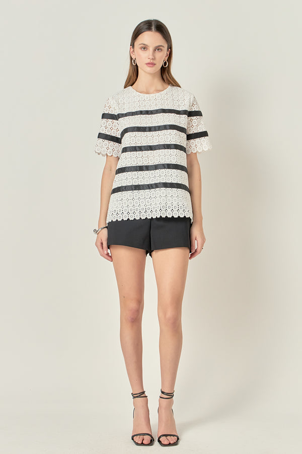 english factory Lace Striped Top WHITE/BLACK