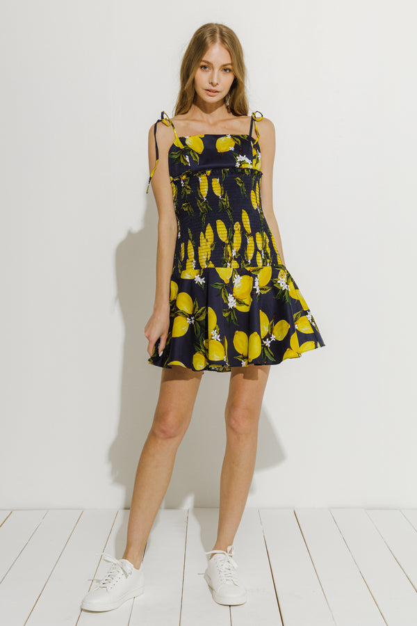 english factory Lemon Print Smocked Dress NAVY