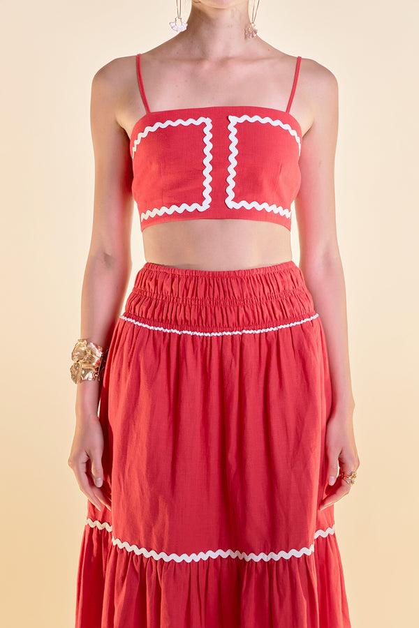 English Factory Linen Crop Top W/ Ric Rac Trim RED