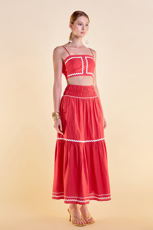 English Factory Linen Crop Top W/ Ric Rac Trim RED