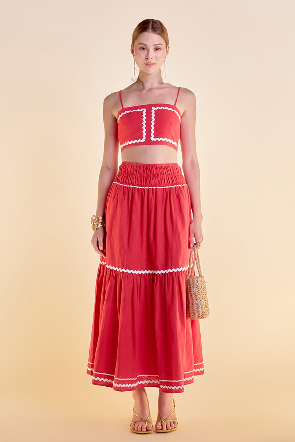 english factory Linen Crop Top w/ Ric Rac Trim RED