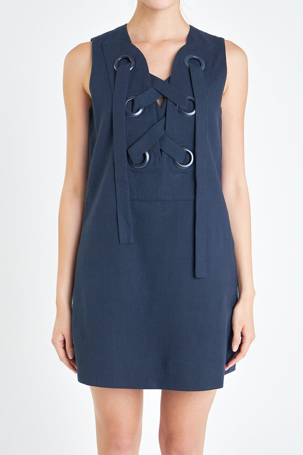 English Factory Linen Lace Up Front Dress NAVY