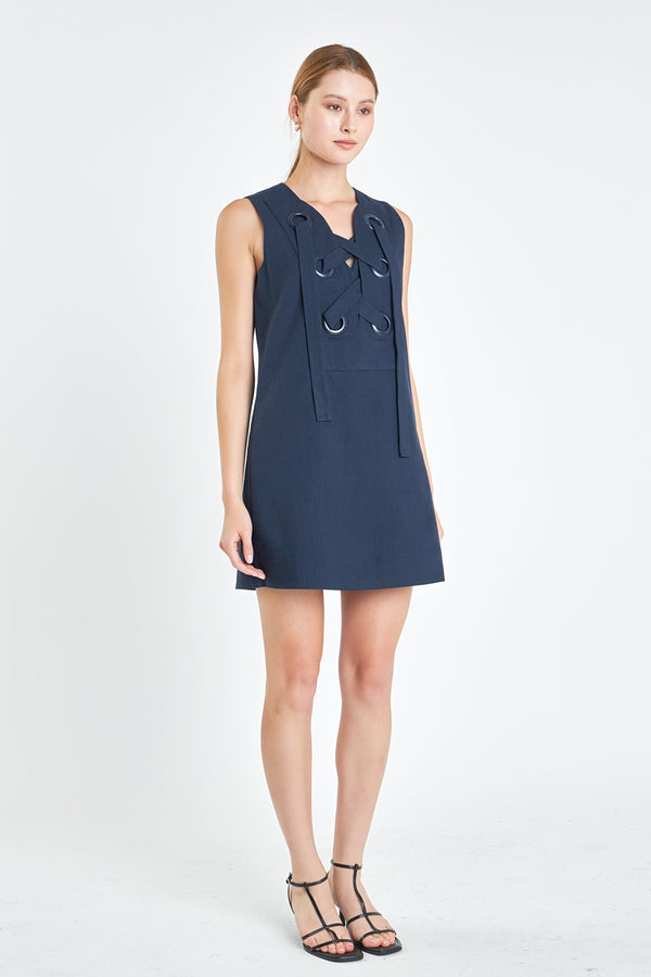English Factory Linen Lace Up Front Dress NAVY
