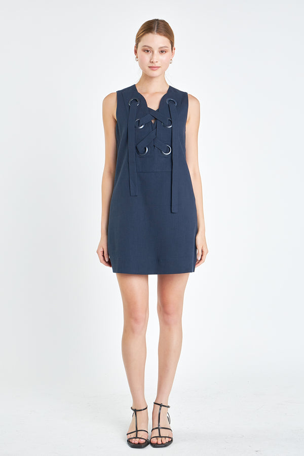english factory Linen Lace Up Front Dress NAVY