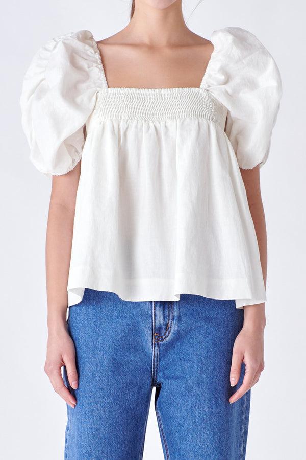 English Factory Linen Ruched Sleeve Top WHITE