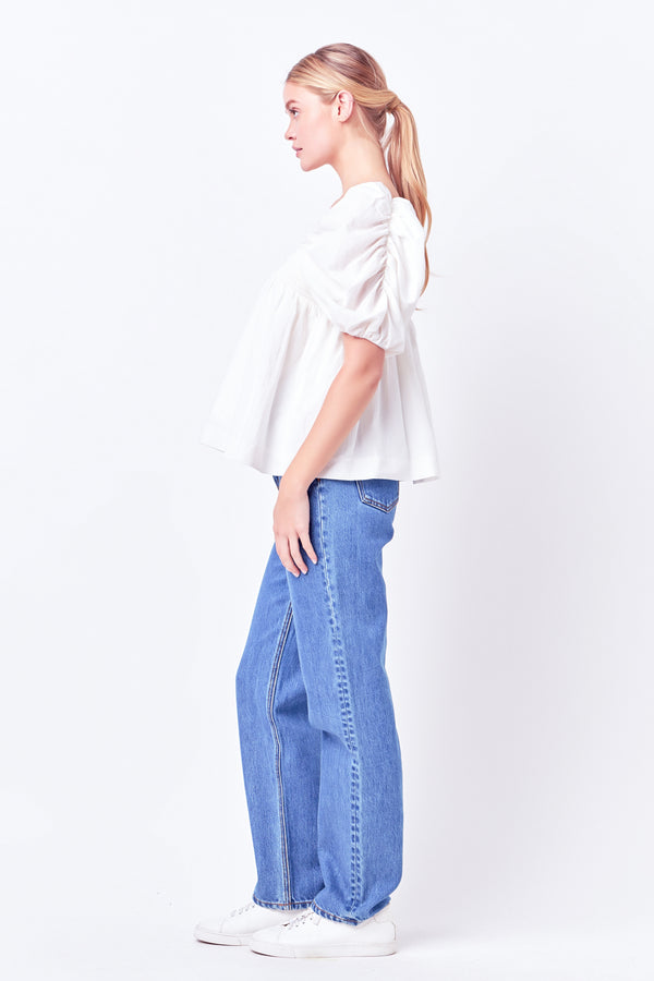 English Factory Linen Ruched Sleeve Top WHITE