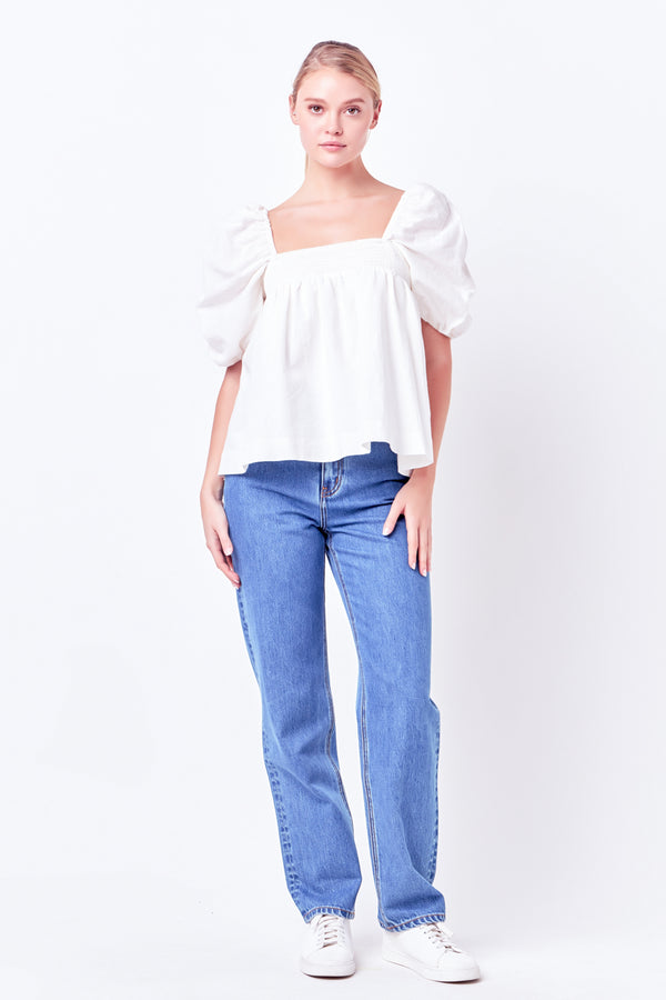 english factory Linen Ruched Sleeve Top WHITE