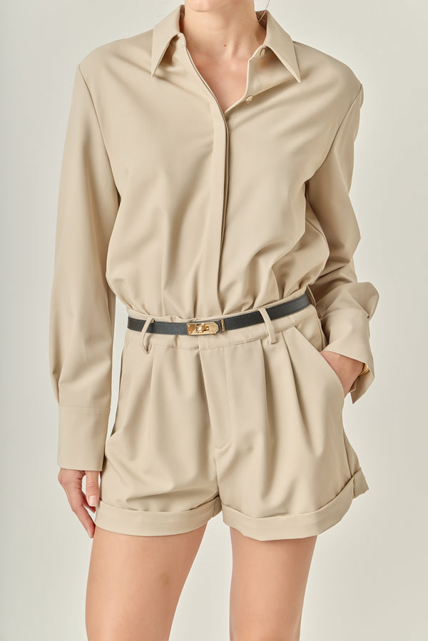 English Factory Long Sleeve Collared Romper TAUPE