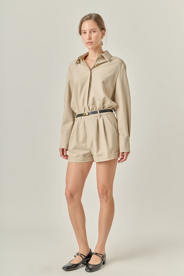 English Factory Long Sleeve Collared Romper TAUPE