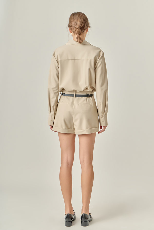 English Factory Long Sleeve Collared Romper TAUPE