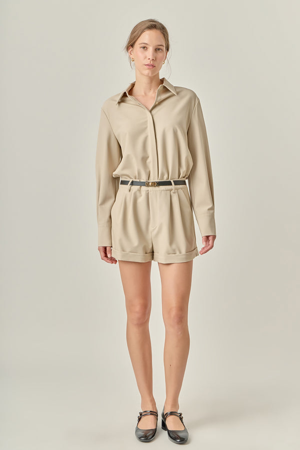 english factory Long Sleeve Collared Romper TAUPE